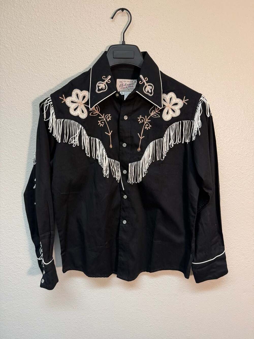 Vintage Rockmount Ranch Wear Black Fringe Embroidered Western Shirt Style 8723
